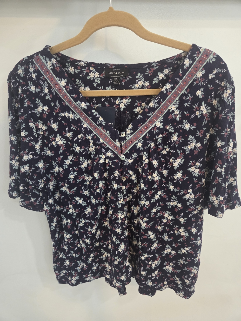 NWT - Lucky Brand Navy Floral V-Neck Button Front Top